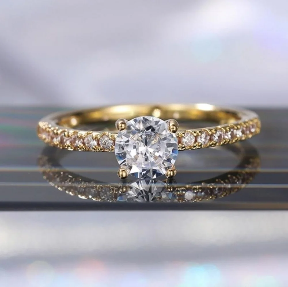 Brilliant Round Cut Simulated Diamonds 14k Gold Plated Engagement Ring
